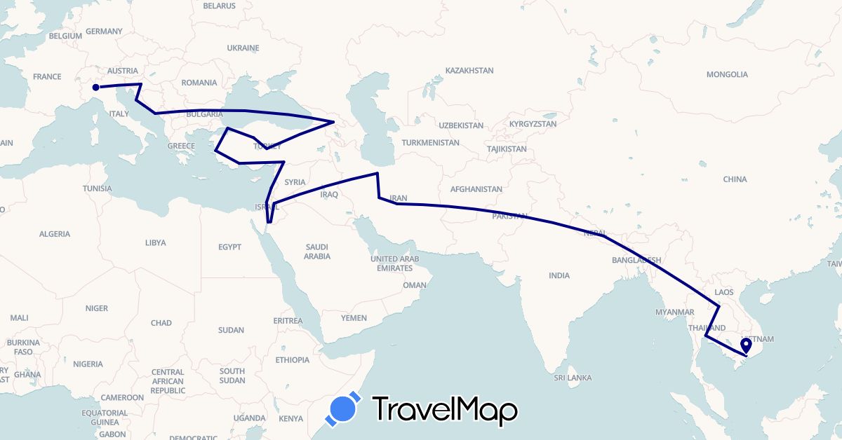 TravelMap itinerary: driving in Georgia, Croatia, Israel, Iran, Italy, Jordan, Cambodia, Laos, Lebanon, Nepal, Thailand, Turkey, Vietnam (Asia, Europe)